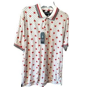 Blue Gear Polo Shirt Mens Small White Watermelon Polka Dot New Whimsical Retro